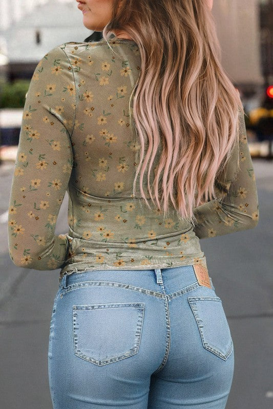 Floral Print Southern Style Mesh Long Sleeve Top SW25133385