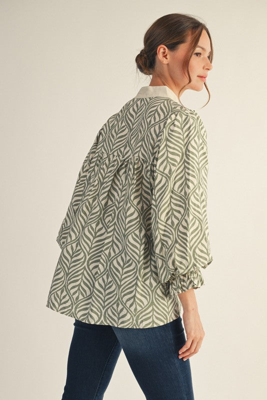 Standing Collared Neck Boho Leaf Print Top