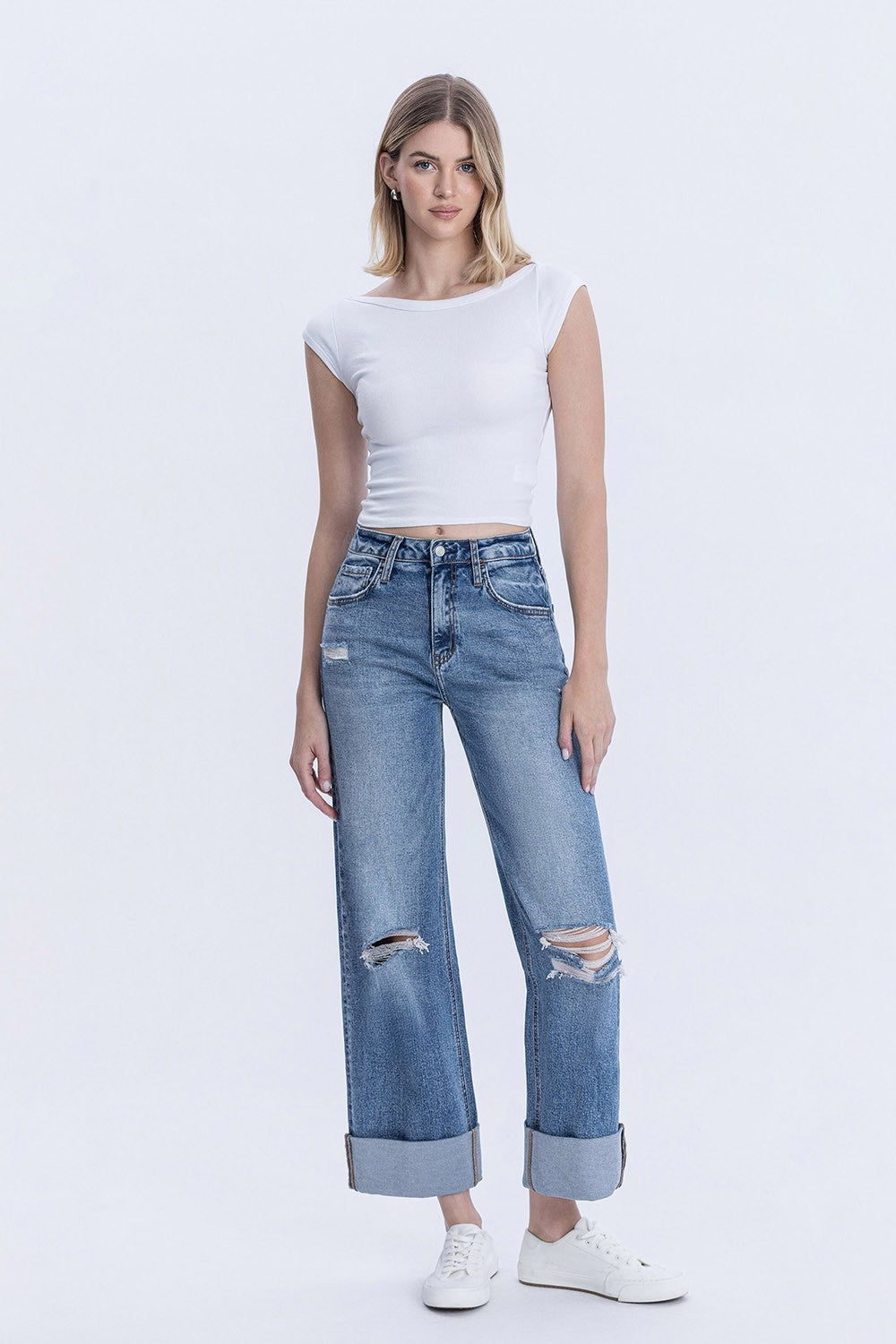 Super High Rise Double Cuffed Baggy Wide Jeans