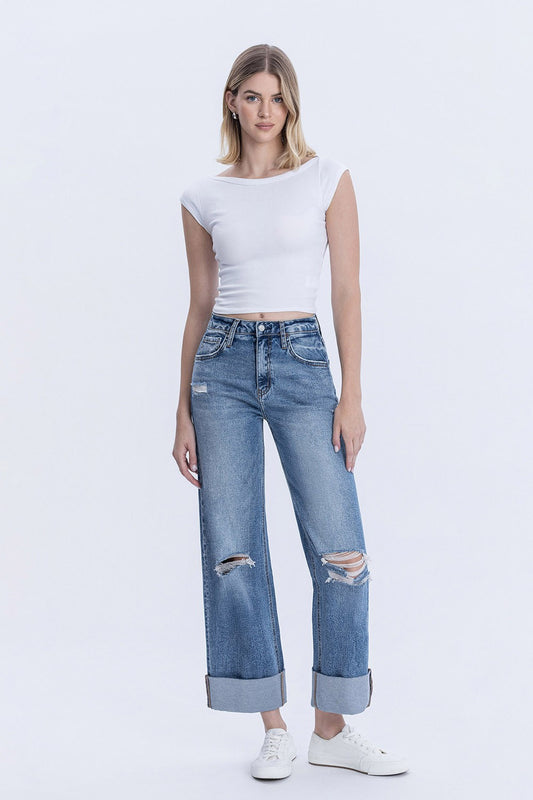 Super High Rise Double Cuffed Baggy Wide Jeans