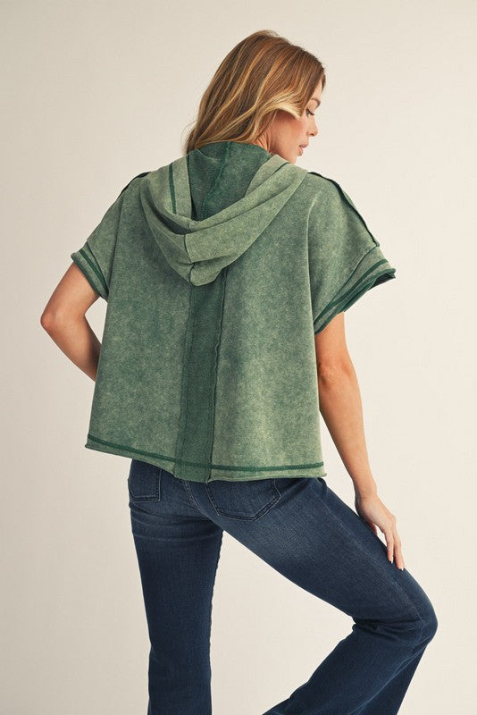 Raw Cut Edge Accent Washed Hoodie Top