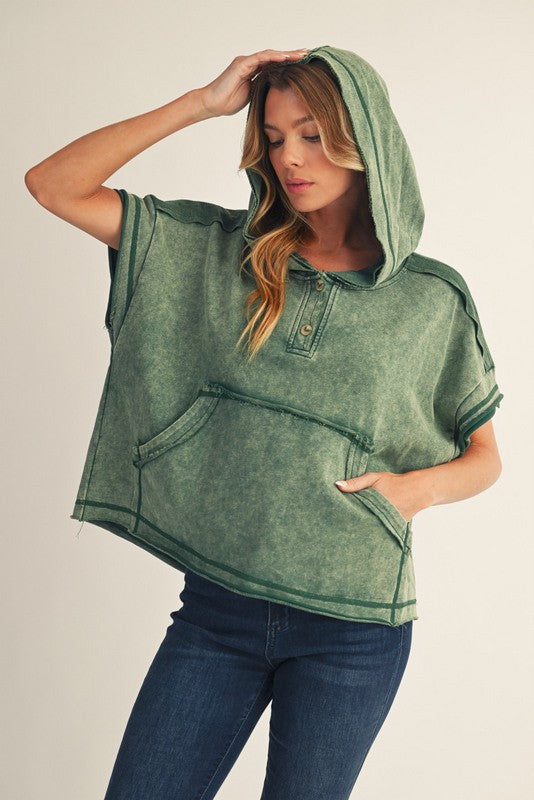 Raw Cut Edge Accent Washed Hoodie Top
