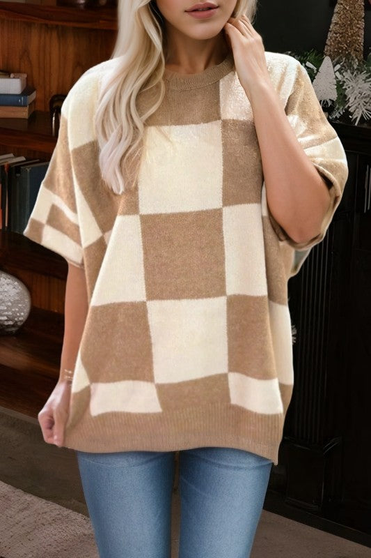 Checkered Pattern Loose Drop Shoulder Sweater