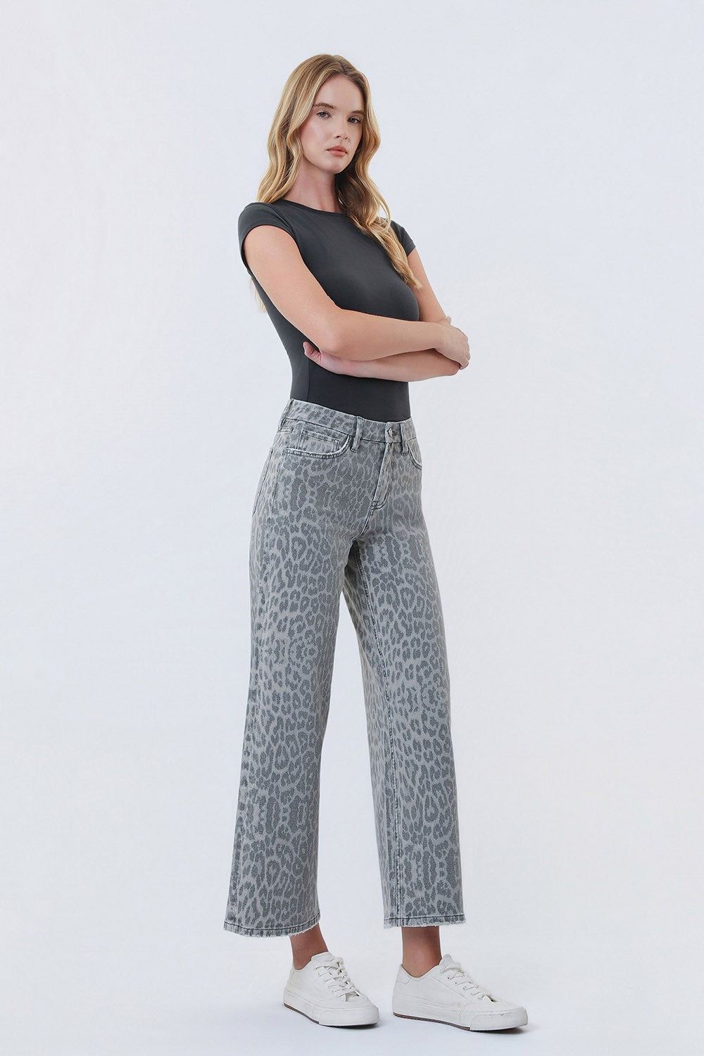 VERVET by FLYING MONKEY High Rise Grey Leopard Print Crop Wide Leg Jeans