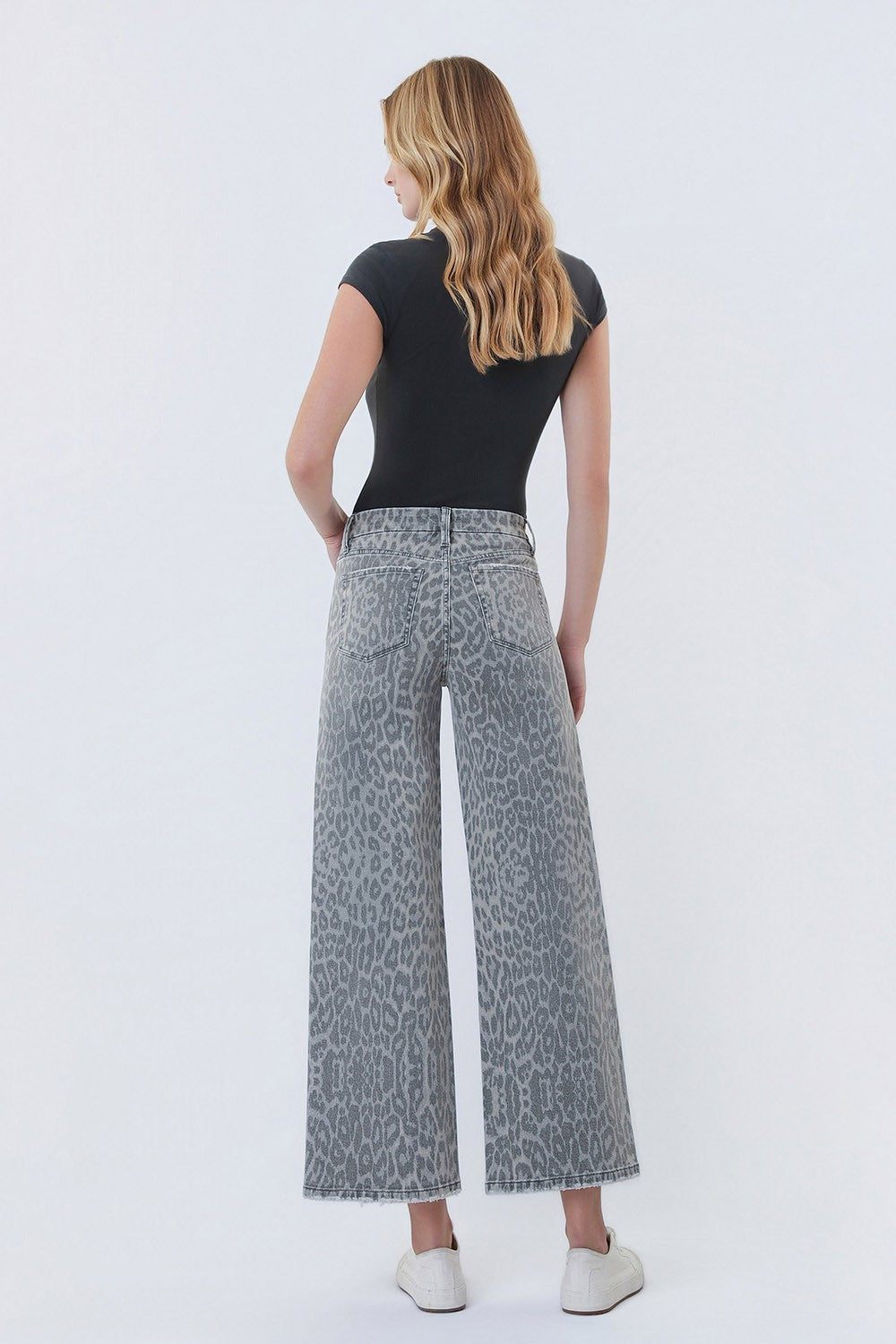 VERVET by FLYING MONKEY High Rise Grey Leopard Print Crop Wide Leg Jeans