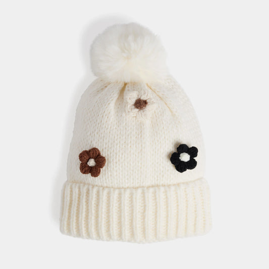Flower Embellished Knit Hat -Winter White