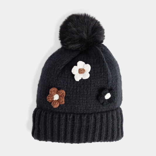 Flower Embellished Knit Hat - Black