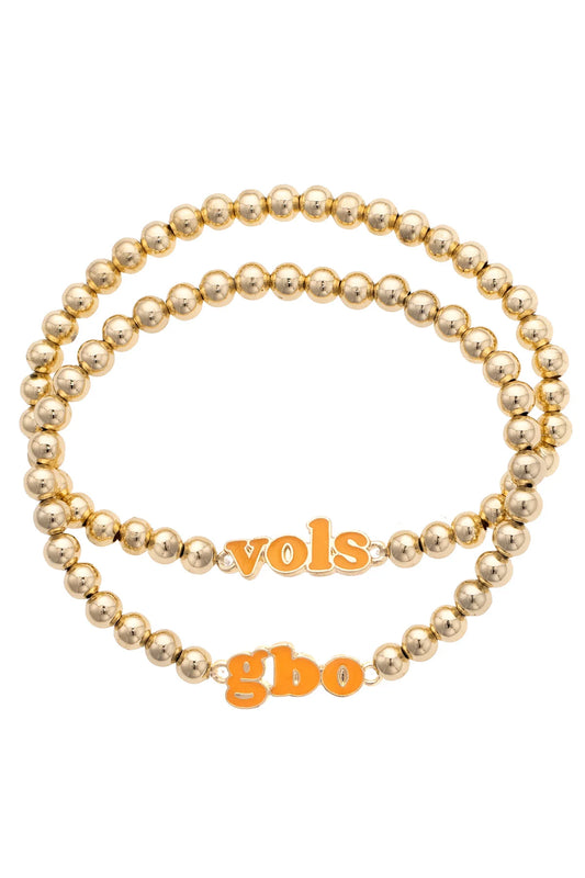 Tennessee Vols Slogan Ball Bead Bracelet Set of 2 in Orange/Shiny Gold