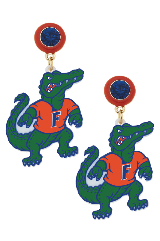 Florida Albert Gator Resin Mascot Earrings in Green/Orange/Blue
