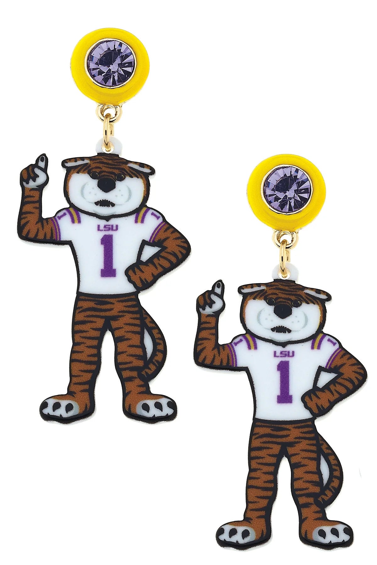 LSU Mike The Tiger Resin Mascot Earrings in Yellow/Orange/Purple