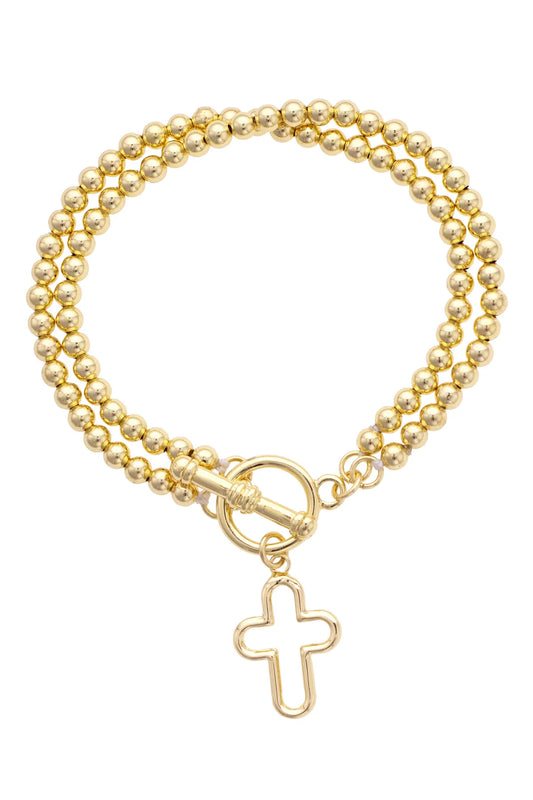 Foster Open Cross Ball Bead Stretch Toggle Bracelet in Shiny Gold
