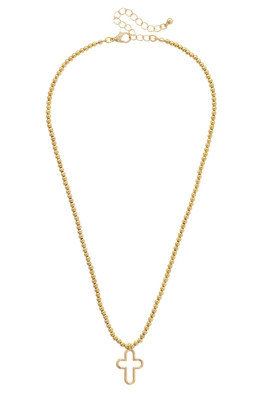 Foster Open Cross Ball Bead Necklace in Shiny Gold