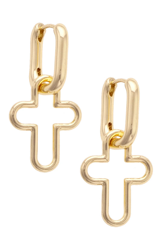 Foster Open Cross Huggie Hoop Earrings in Shiny Gold