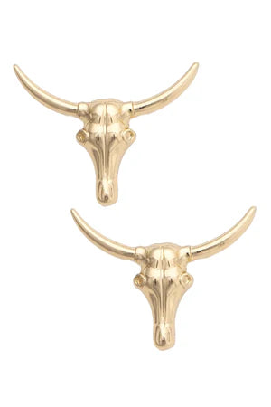 Taos Steer Skull Stud Earrings in Shiny Gold