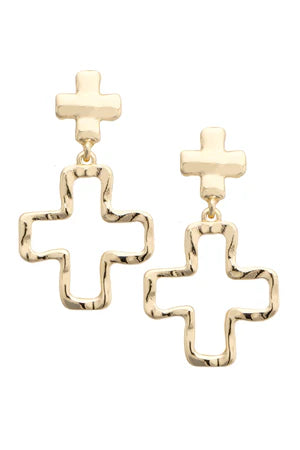 Haley Hammered Double Cross Drop Earrings in Shiny Gold