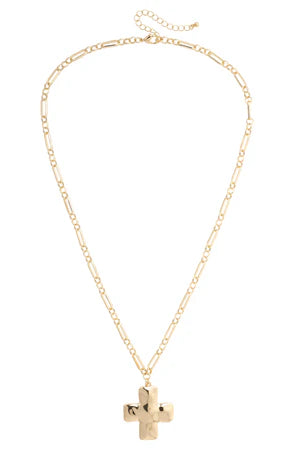 Haley Hammered Cross Necklace in Shiny Gold