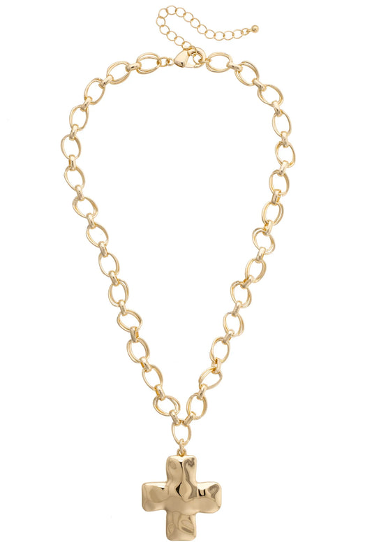 Elise Hammered Cross Cable Chain Necklace in Shiny Gold
