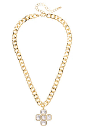 Laurel Rhinestone Cross Linked Necklace in Shiny Gold