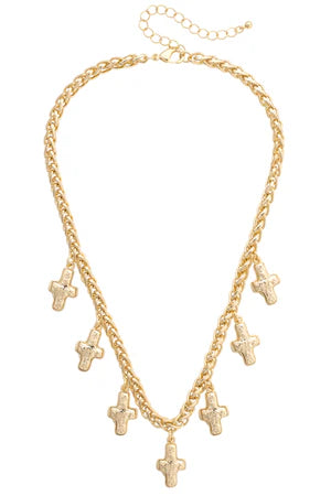 Demi Hammered Cross Drop Chain Necklace in Shiny Gold