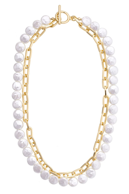 Coco Layered Pearl Linked Necklace in Shiny Gold