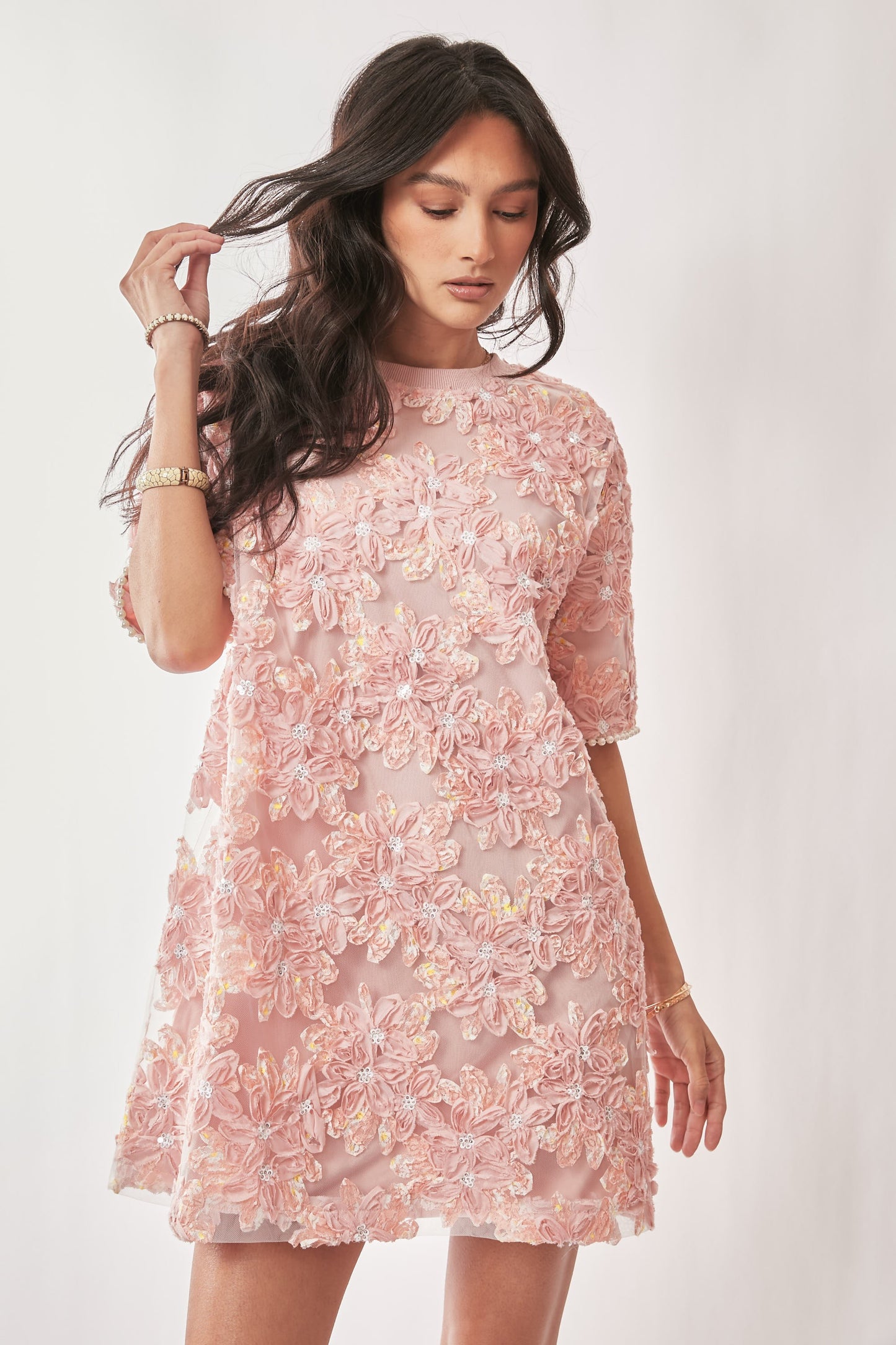 Plus Floral Embroidery Sequined Mesh Mini Dress