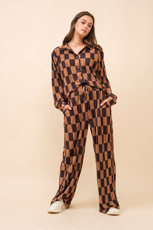 Pleated Checker Print Shirt Pants Set