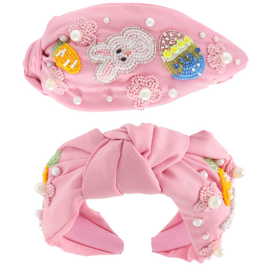 Sophia Collection - Floral Easter Bunny Beaded Top Knotted Headband: Pink