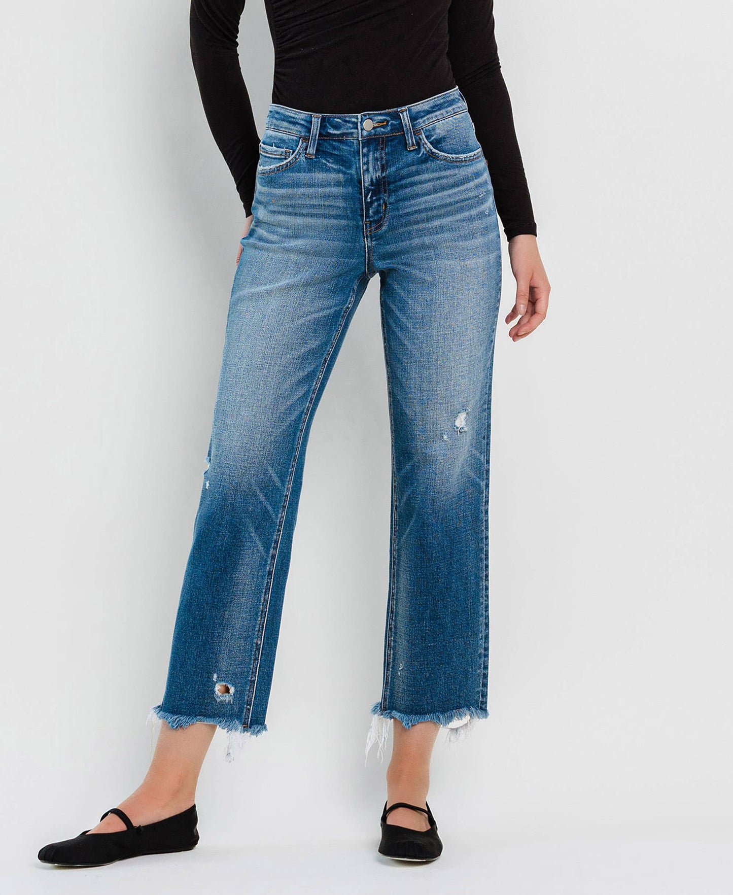 FLYING MONKEY - HIGH RISE FRAYED HEM CROP STRAIGHT JEANS F5569: ADMIRE