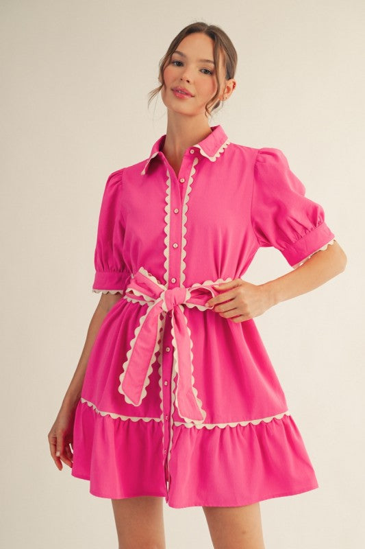 Scallop Trim Button Down Babydoll Dress