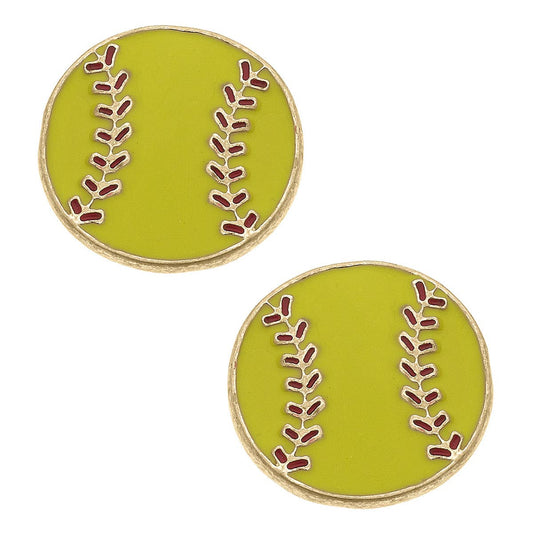 Canvas Style - Softball Enamel Stud Earrings in Fluorescent Yellow