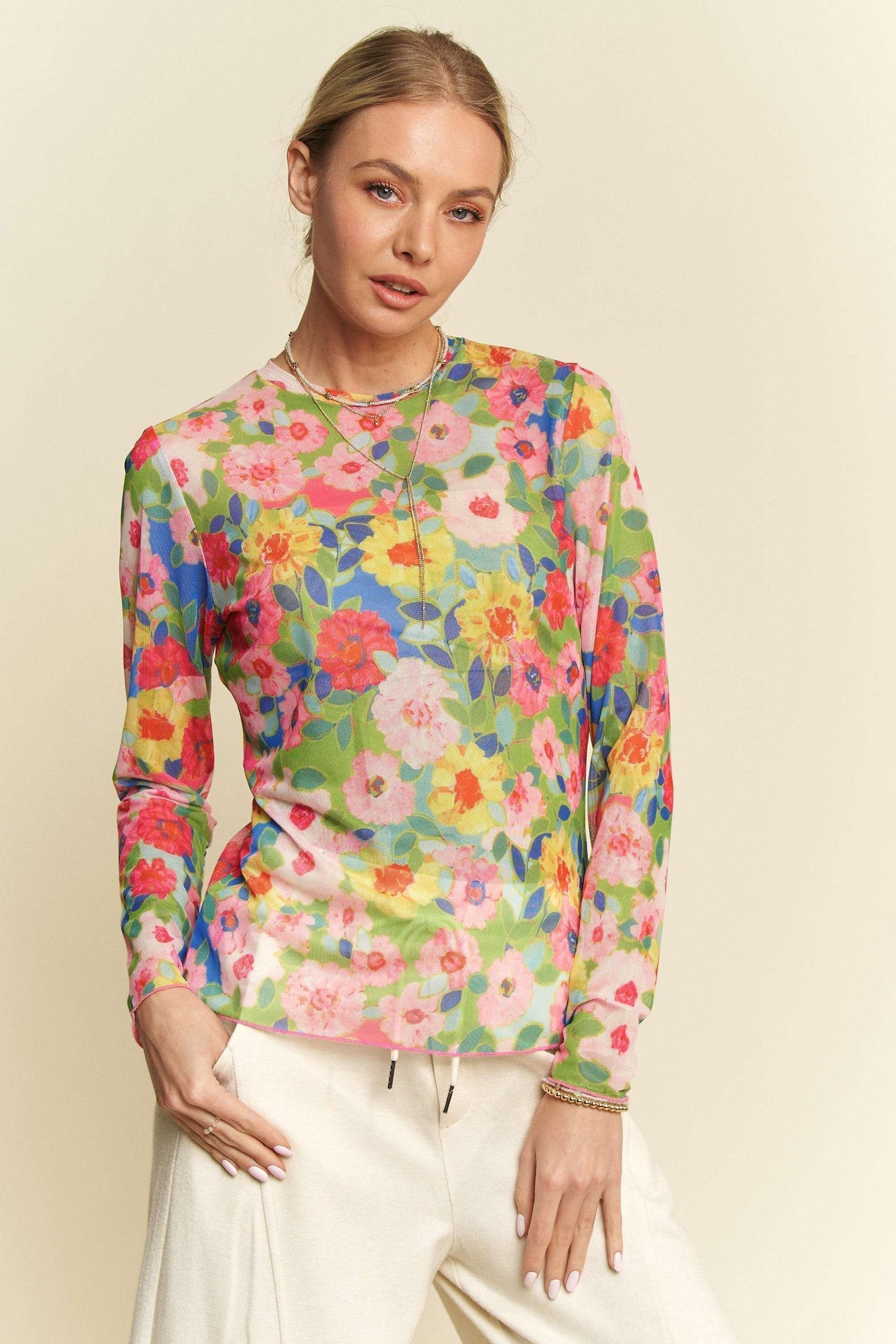 PLUS FLOWER PRINTED MESH ROUND NECK LONG SLEEVE TOP