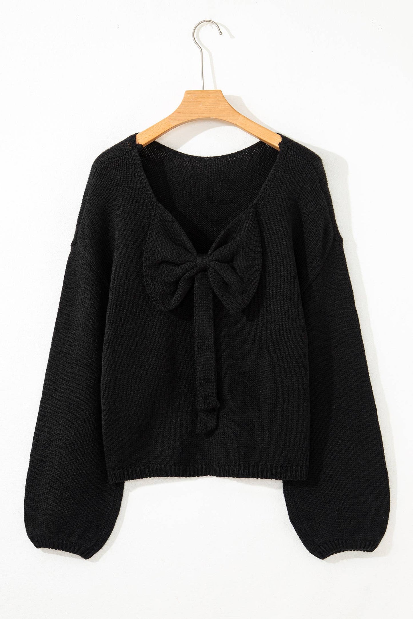 Black Backless Bubble Sleeve Back Bow Sweater - L
