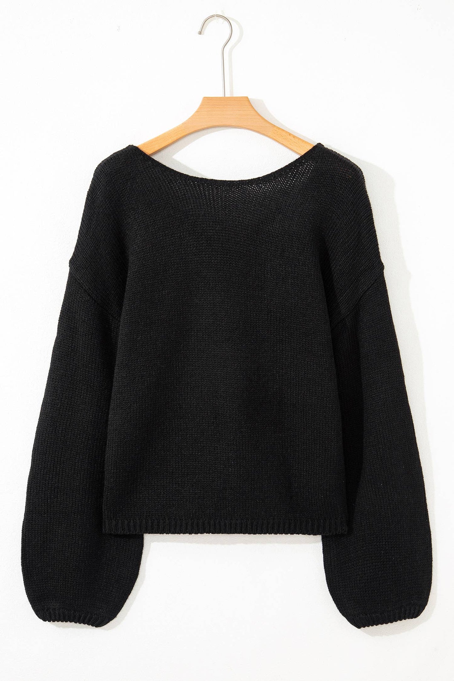 Black Backless Bubble Sleeve Back Bow Sweater- M