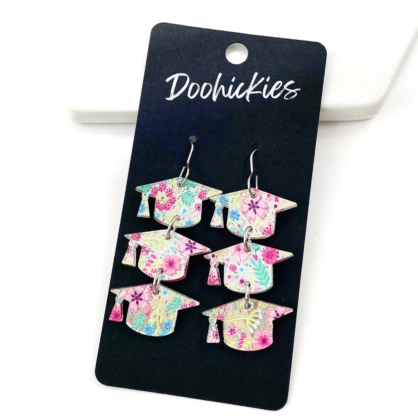 Doohickies - 2" Darling Grad Cap Dangle Drops- Graduation Earrings: Bright Dots