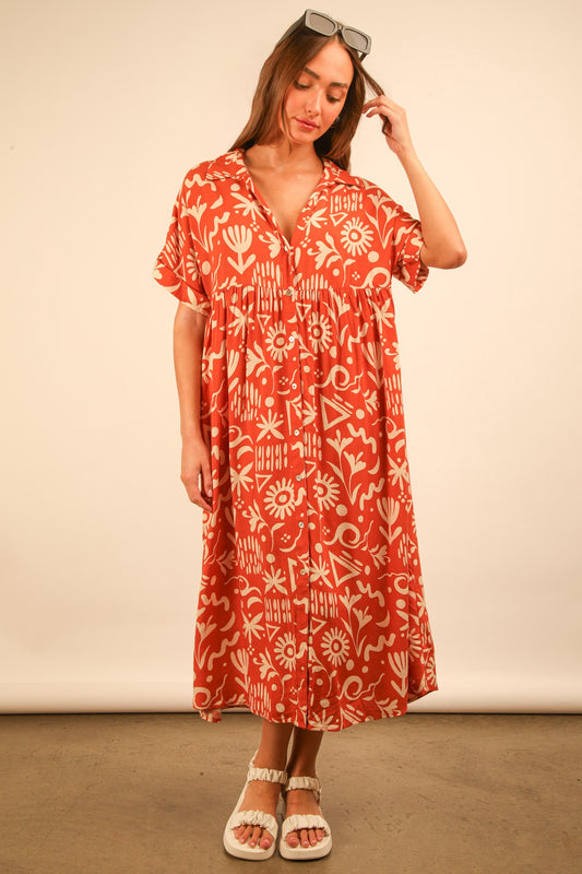 Oversized Printed Shirt Midi Dress