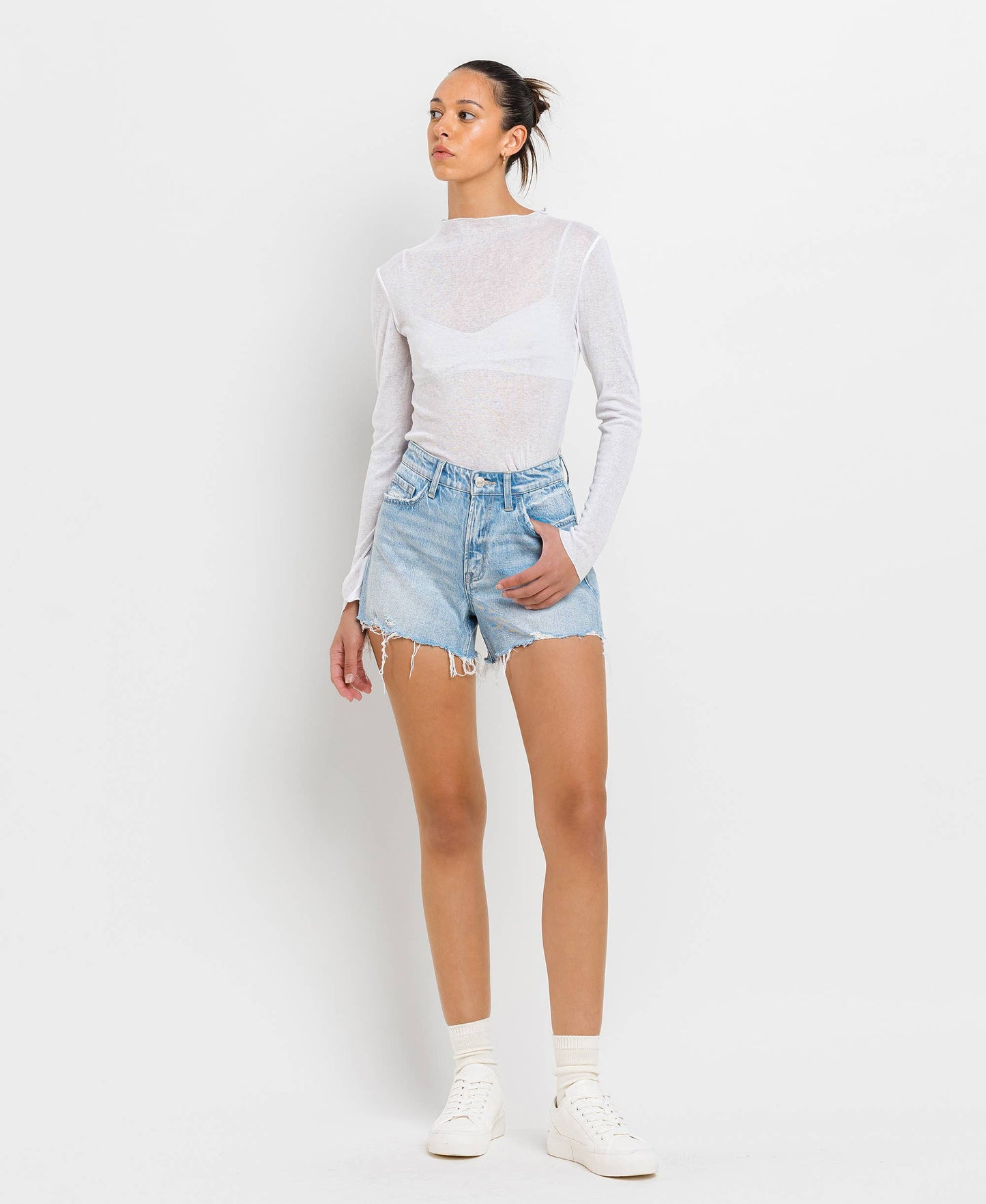 VERVET by FLYING MONKEY - HIGH RISE DISTRESSED HEM A LINE SHORTS T6316: TANA RIVER / L