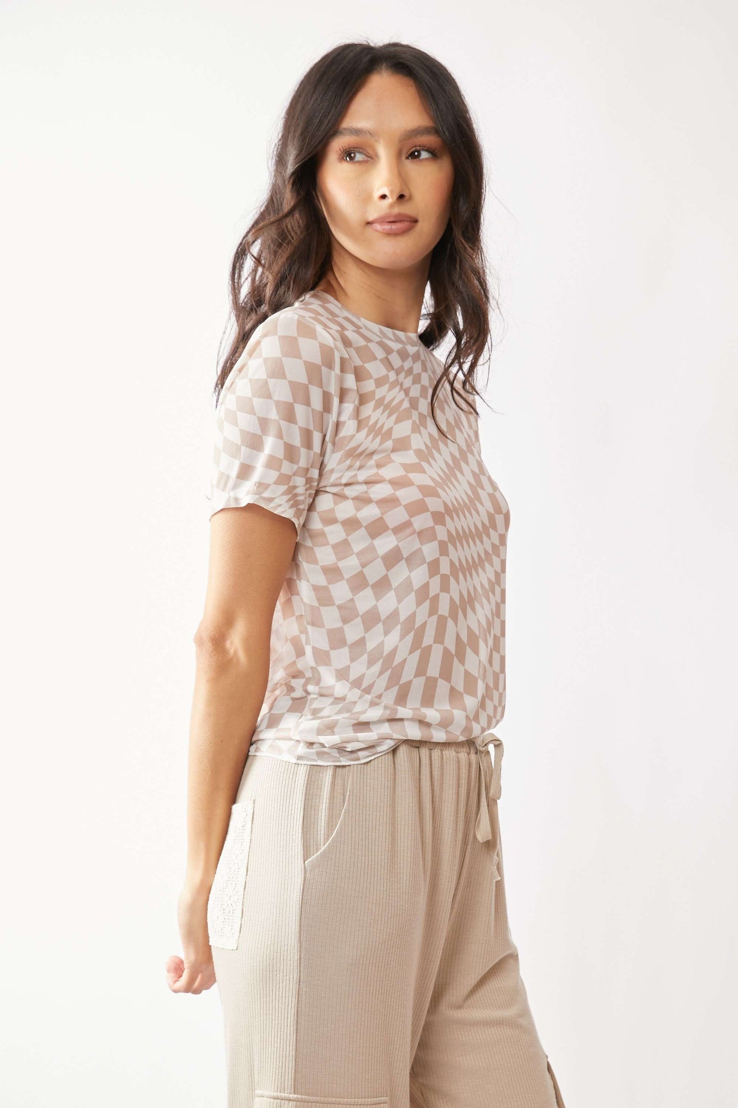 Checkerboard Printed Mesh Short Sleeve Top Plus