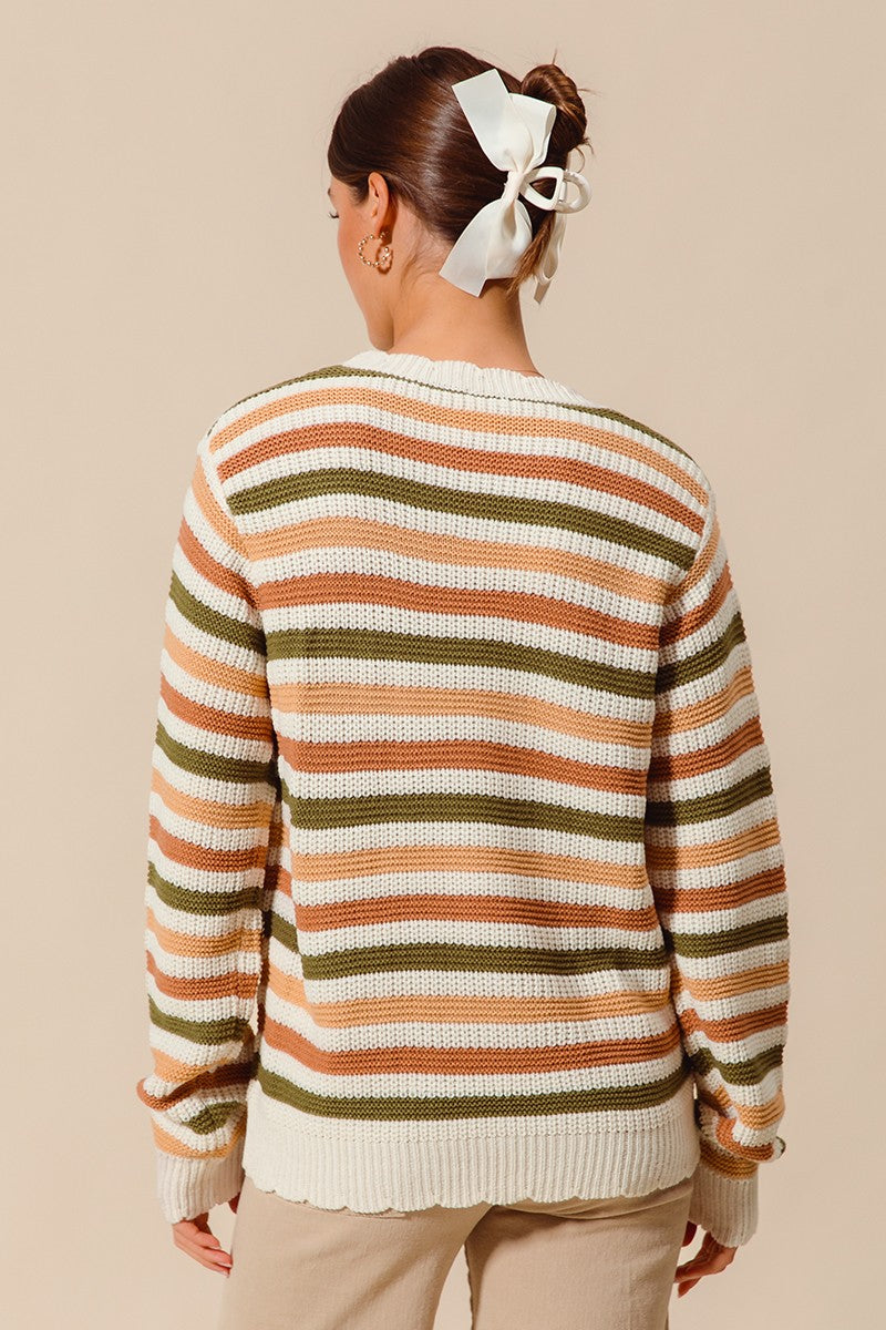 Multi Color Stripe Sweater With Scalloped Edge