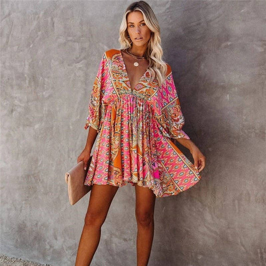 Stylish V-Neck Belted Print Dress