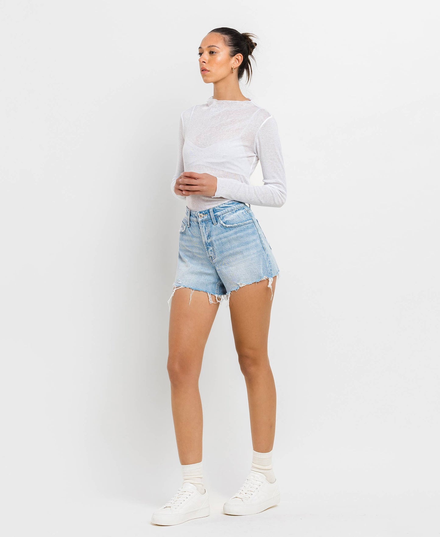 VERVET by FLYING MONKEY - HIGH RISE DISTRESSED HEM A LINE SHORTS T6316: TANA RIVER / L