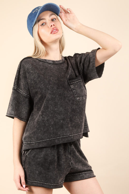 Black  Mineral Washed Comfy Knit Top & Shorts Set