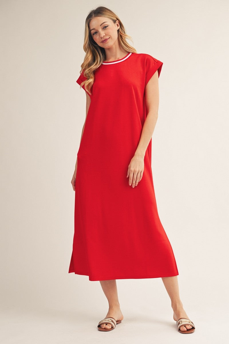 Side Slit Hem Solid Casual Midi Dress