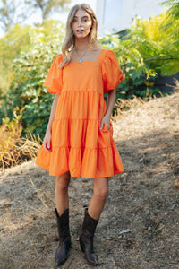 Orange Puff Sleeve Mini Dress