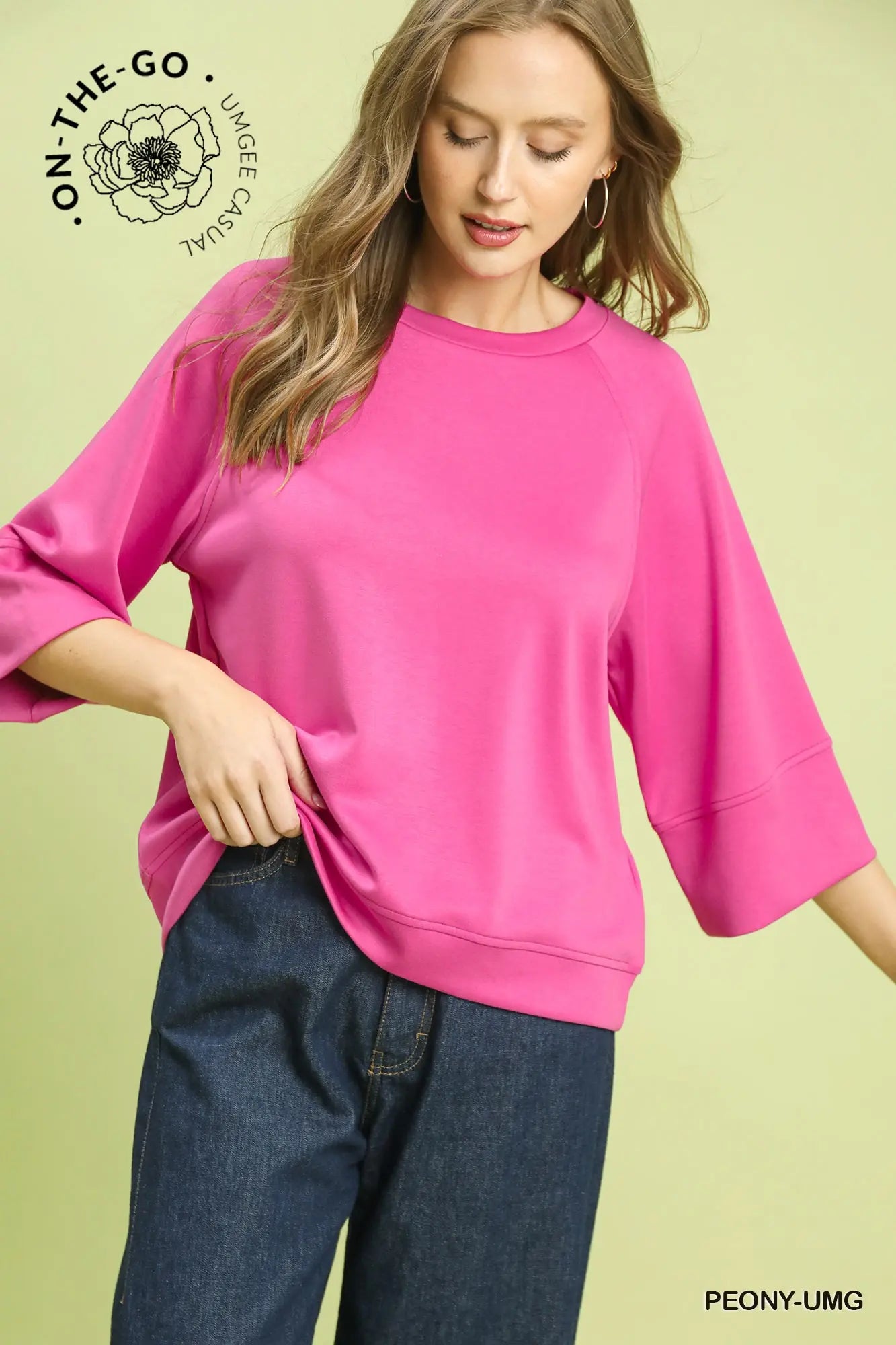3/4 Sleeve Drop Shoulder Top-Plus