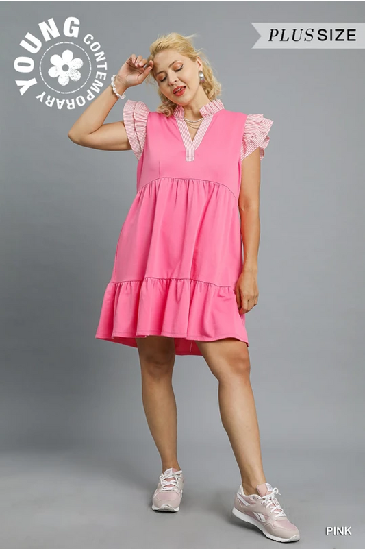 Pink Ruffle Sleeve Tiered Mini Dress