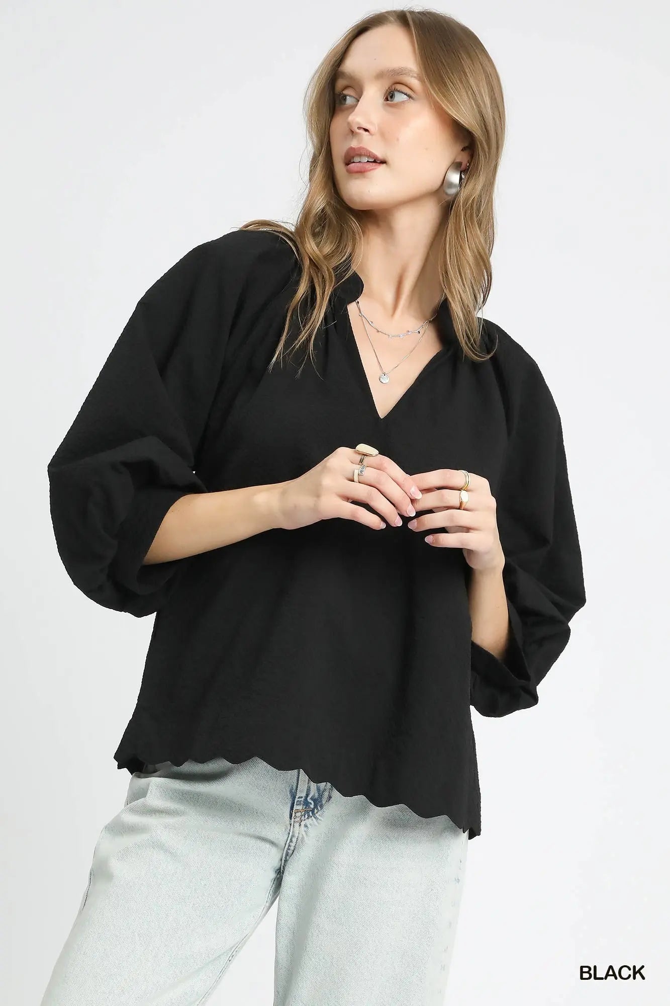 Black V-Neck Baloon Sleeve Top