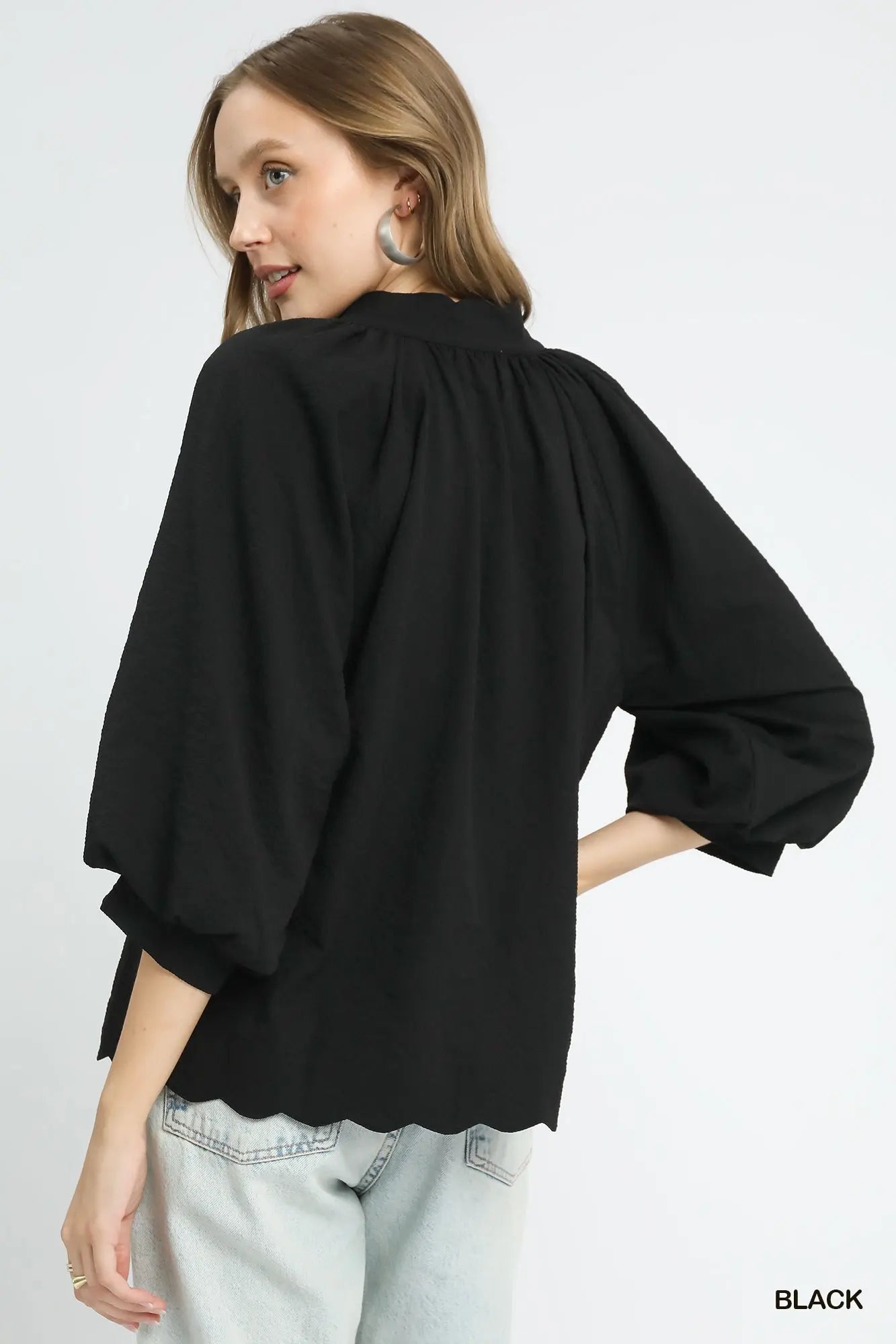 Black V-Neck Baloon Sleeve Top