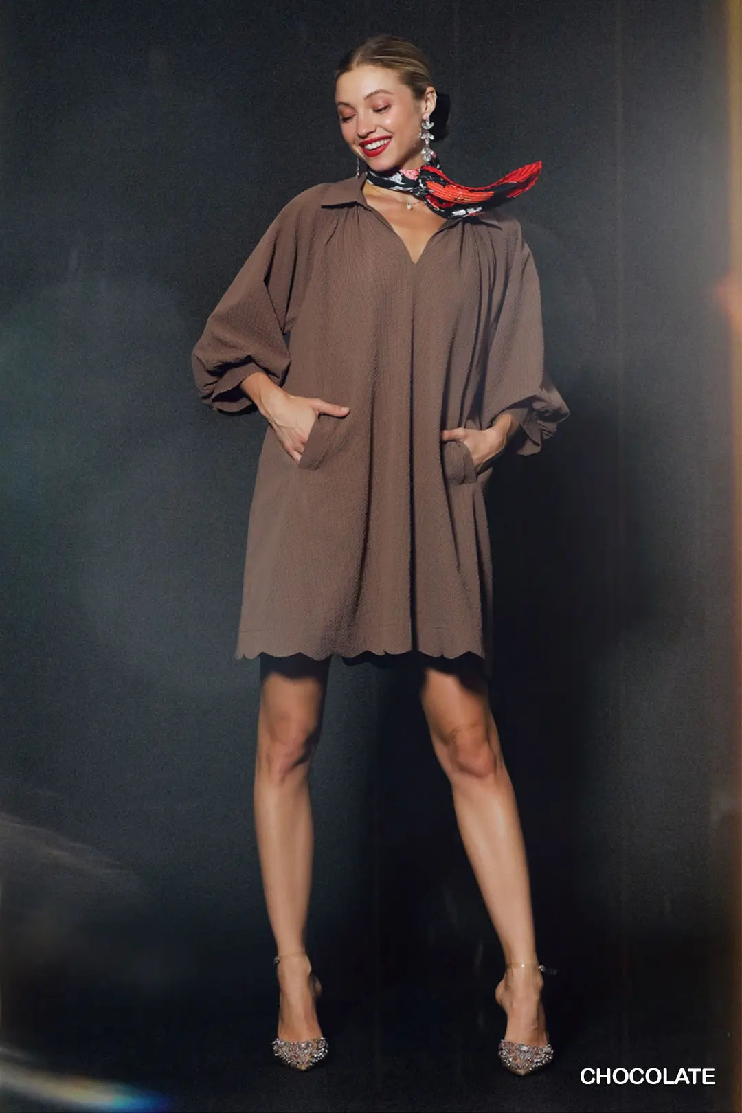 Split V-Neck Dress with Puff Sleeves