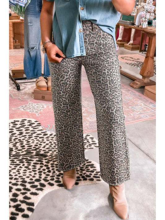 Brown Western Leopard Love Edge Wide Leg High Waist Jeans