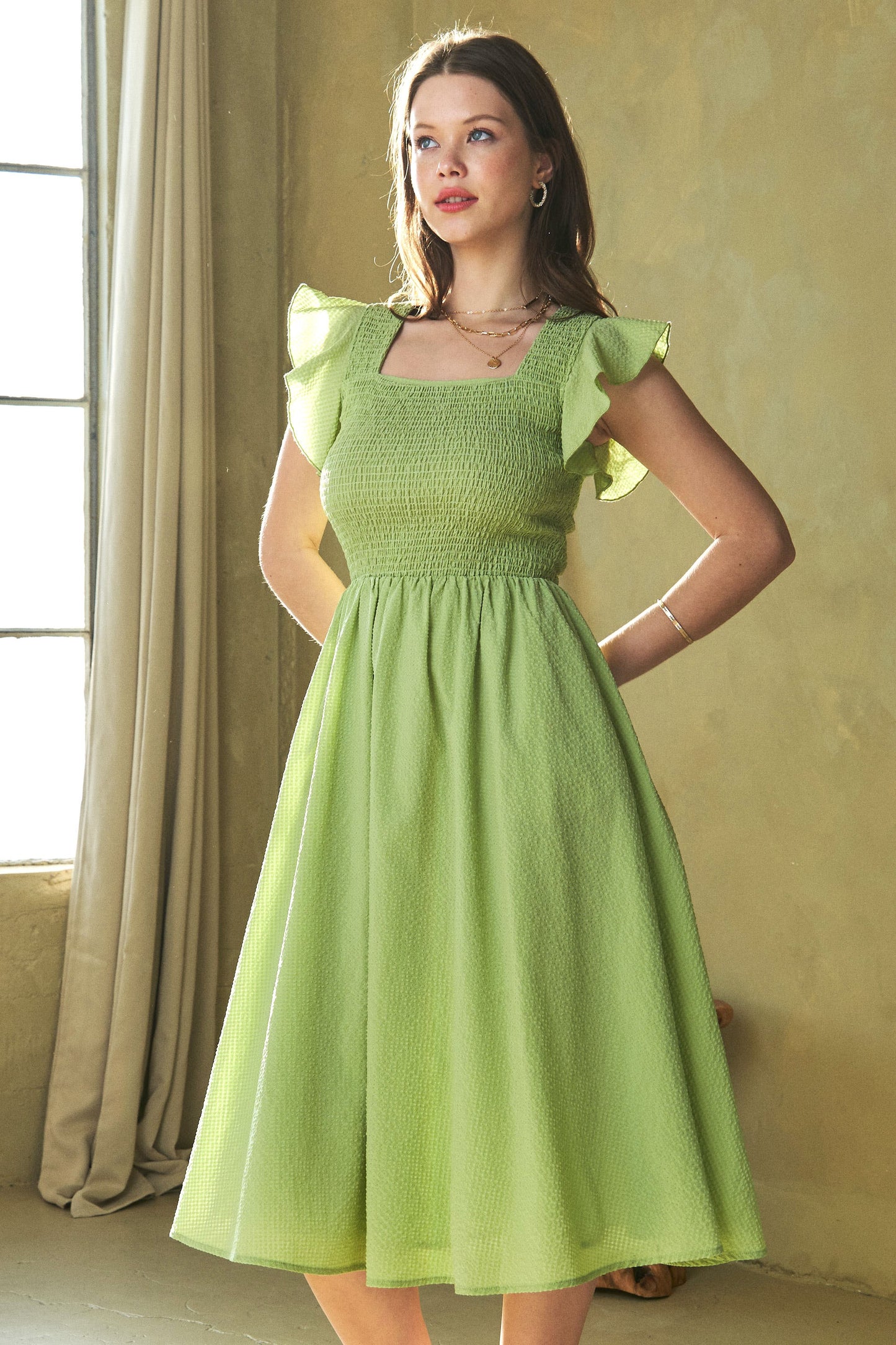 Green Ruffle Cap Sleeve Madi Dress